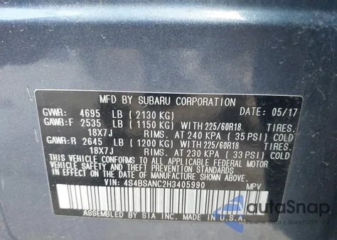 2017 Subaru Outback 2.5I Limited из США, поврежденный, VIN 4S4BSANC2H3405990